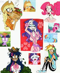 Size: 2510x3049 | Tagged: safe, artist:citi, derpibooru import, screencap, applejack, pinkie pie, rainbow dash, rarity, twilight sparkle, human, applebuck season, lesson zero, sonic rainboom (episode), suited for success, apple, bags under eyes, bathrobe, bird nest, clothes, crying, faic, food, freckles, humanized, image, i'm so pathetic, insanity, jpeg, marshmelodrama, messy mane, pinkie being pinkie, rarity being rarity, robe, scene interpretation, screencap reference, twilight snapple