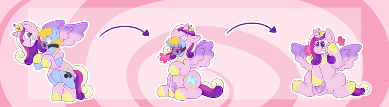 Size: 1280x354 | Tagged: questionable, artist:dragonwhiskerss, derpibooru import, princess cadance, oc, alicorn, latex pony, original species, pony, rubber pony, bdsm, bondage, commission, crown, decal, female, floating heart, forced smile, grin, heart, hoof shoes, hypnosis, image, jewelry, latex, mare, muzzle, null, orgasm denial, png, regalia, rubber, rubbing, shocked, sitting, smiling, solo, spread wings, squishy cheeks, swirly eyes, transformation, transformation sequence, wings