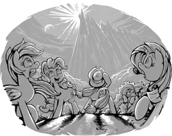 Size: 9390x7422 | Tagged: safe, artist:jowybean, derpibooru import, applejack, fluttershy, pinkie pie, rainbow dash, rarity, earth pony, pegasus, pony, unicorn, fanfic:the immortal game, canterlot mountain, fanfic art, female, grayscale, hiding, image, monochrome, night, png