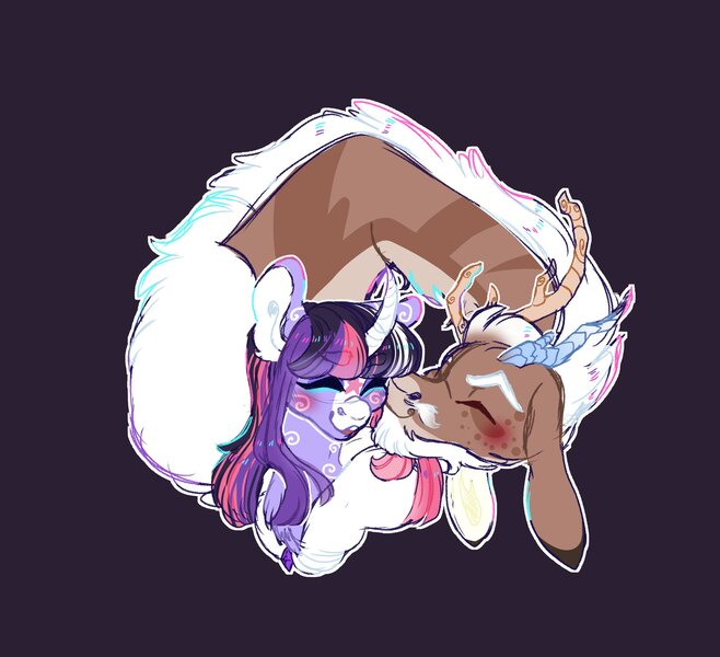 Size: 2605x2376 | Tagged: safe, alternate version, artist:orphicswan, derpibooru import, discord, twilight sparkle, deer, deer pony, original species, antlers, discolight, female, happy, high res, horn, image, jpeg, kissing, kiss on the cheek, long mane, male, shipping, straight, white hair