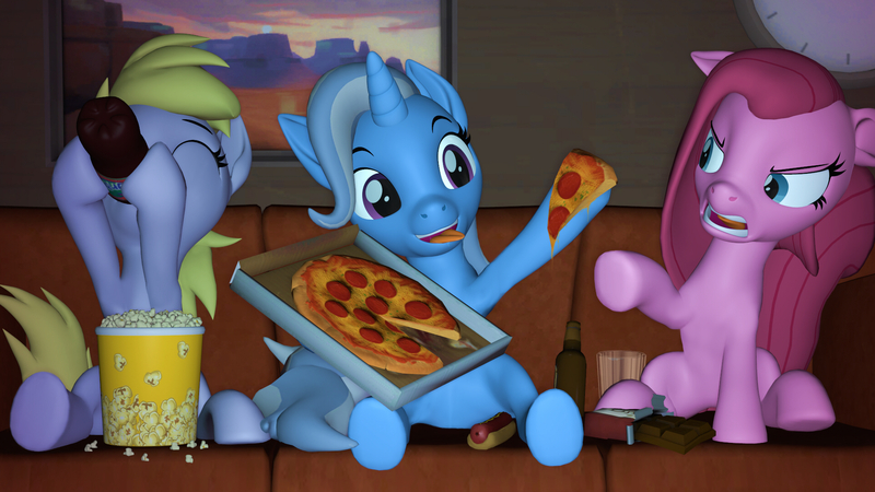 Size: 1920x1080 | Tagged: safe, artist:aleshi, derpibooru import, derpy hooves, pinkie pie, trixie, earth pony, pegasus, pony, unicorn, 3d, food, image, jpeg, pinkamena diane pie, pizza, source filmmaker