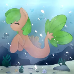 Size: 2000x2000 | Tagged: safe, artist:sadonax, derpibooru import, oc, unofficial characters only, fish, pegasus, pony, seapony (g4), starfish, bubble, crepuscular rays, dorsal fin, eyes closed, fish tail, flowing tail, green mane, image, png, redraw, rock, seaponified, seashell, seaweed, smiling, solo, species swap, sunlight, swimming, tail, underwater, water