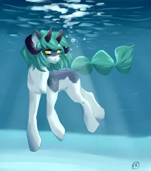 Size: 2300x2607 | Tagged: safe, artist:sheriwii, derpibooru import, oc, unofficial characters only, pony, bubble, crepuscular rays, digital art, eyelashes, flowing tail, green eyes, green mane, horns, image, looking at you, ocean, png, signature, solo, sunlight, swimming, underwater, water, yellow eyes