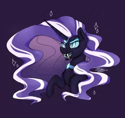 Size: 1800x1700 | Tagged: safe, artist:magicstar919, derpibooru import, nightmare rarity, pony, unicorn, blue eyes, bust, colored pupils, crown, ethereal mane, evil grin, eyelashes, fangs, female, flowing mane, glow, grin, horn, image, jewelry, long horn, necklace, open mouth, png, purple background, purple mane, regalia, signature, simple background, smiling, solo, starry mane, tetth, tongue out