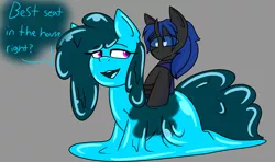Size: 3676x2176 | Tagged: suggestive, artist:askhypnoswirl, derpibooru import, oc, oc:morpha, oc:swift dawn, unofficial characters only, changeling, goo, goo pony, original species, pony, blue changeling, blue eyes, bondage, changeling oc, commission, dialogue, duo, encasement, gray background, high res, image, male, open mouth, partial encasement, png, purple eyes, simple background, sitting, slime, ych result