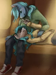 Size: 960x1280 | Tagged: safe, artist:elisdoominika, derpibooru import, oc, oc:sweet elis, oc:thinker blue, anthro, earth pony, pegasus, blushing, boop, clothes, colored sketch, couple, cuddling, digital art, hand, hoodie, image, looking at each other, lying, lying down, pants, png, ponytail, shoes, sitting, smiling, smiling at each other, sneakers, snuggling, train