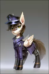 Size: 2957x4425 | Tagged: safe, artist:ramiras, derpibooru import, oc, oc:light dimmer, bat pony, pony, equestria at war mod, armor, armored pony, bat pony oc, bat wings, boots, boots on hooves, clothes, coat, daybat, ear fluff, fangs, gradient background, image, looking at you, lunar empire, male, military, military hat, military pony, military uniform, new lunar republic, officer, pegasus wings, png, shoes, solo, thestral, trenchcoat, uniform, uniform hat, wings, yellow eyes
