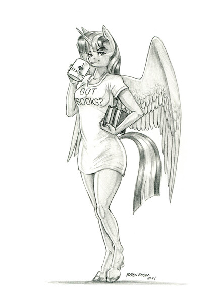 Size: 1000x1415 | Tagged: safe, artist:baron engel, derpibooru import, twilight sparkle, twilight sparkle (alicorn), alicorn, anthro, unguligrade anthro, book, breasts, clothes, coffee cup, coffee mug, cup, digital art, female, grayscale, image, jpeg, looking at you, monochrome, mug, oversized clothes, oversized shirt, pencil drawing, shirt, simple background, sketch, solo, that pony sure does love books, traditional art, white background