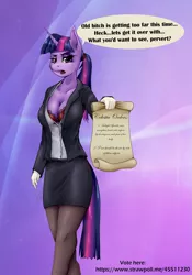 Size: 2141x3059 | Tagged: suggestive, artist:shamziwhite, derpibooru import, twilight sparkle, anthro, breasts, cleavage, clothes, fanart, female, image, jacket, looking at you, office lady, png, shirt, skirt, solo, standing, text, voting, wall of text