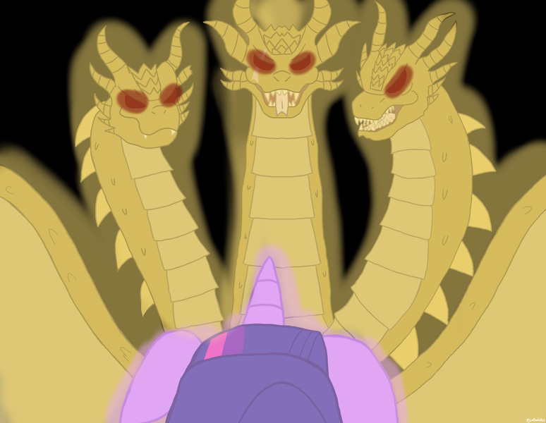 Size: 3726x2890 | Tagged: safe, artist:lordshrekzilla20, derpibooru import, twilight sparkle, kaiju, fanfic:godzilla, fanfic:godzilla:clash of the titans, fanfic art, glow, glowing eyes, godzilla (series), image, king ghidorah, nightmare, png