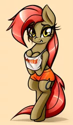 Size: 1581x2685 | Tagged: suggestive, artist:jetwave, derpibooru import, oc, oc:dala vault, unofficial characters only, earth pony, pony, semi-anthro, bedroom eyes, bipedal, booty shorts, brown fur, clothes, colored background, dolphin shorts, earth pony oc, eyeshadow, fake breasts, female, fondling breasts, hands through topwear, hoofers, hooters, image, looking at you, makeup, one leg raised, orange bottomwear, orange eyes, png, red mane, red tail, shiny mane, shorts, side slit, simple background, solo, solo female, tanktop, text on topwear, tomboy, white topwear