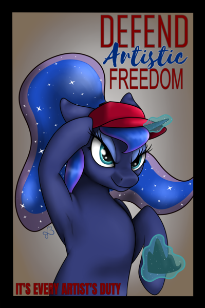 Size: 4567x6876 | Tagged: safe, alternate version, artist:anonymous, artist:xchan, derpibooru import, ponybooru import, princess luna, alicorn, pony, art pack:marenheit 451, /mlp/, absurd resolution, armpits, artistic freedom, cap, hat, image, levitation, magic, png, poster, simple background, smiling, smirk, telekinesis, text