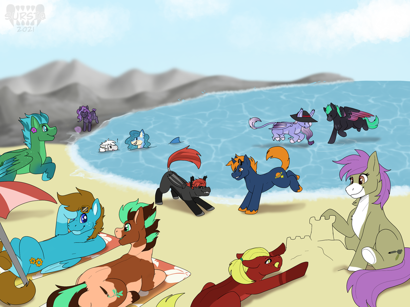 Size: 2732x2048 | Tagged: safe, artist:sursiq, derpibooru import, oc, oc:alexandria, oc:alpine, oc:carbon, oc:fiseti, oc:naomi, oc:nebula mist, oc:nova star, oc:ptero, oc:sagebrush, oc:shadow storm, oc:terra rein, oc:velvet vision, unofficial characters only, bat pony, changeling, earth pony, pegasus, pony, unicorn, bat pony oc, bat wings, beach, changeling oc, closed mouth, cute, cutie mark, earth pony oc, eyes closed, eyes open, female, flying, horn, image, lying down, male, ocean, on back, open mouth, pegasus oc, playing, png, rock, sand, sandcastle, scenery, sitting, sunny, talking, tongue out, towel, umbrella, unicorn oc, watermark, wings