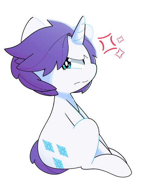 Size: 1386x1789 | Tagged: safe, artist:kindakismet, derpibooru import, rarity, pony, unicorn, alternate hairstyle, angry, cross-popping veins, female, frown, image, jpeg, looking at you, mare, short mane, simple background, sitting, solo, white background