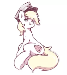 Size: 800x900 | Tagged: safe, artist:rockset, ponybooru import, oc, oc:aryanne, unofficial characters only, earth pony, pony, art pack:marenheit 451, /mlp/, butt, cute, female, hat, image, looking at you, mare, nazi, nazipone, plot, png, simple background, sitting, smiling, solo, underhoof, white background