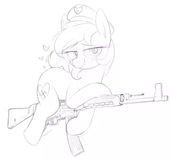 Size: 1342x1253 | Tagged: safe, artist:shinodage, ponybooru import, oc, oc:aryanne, unofficial characters only, earth pony, pony, art pack:marenheit 451, /mlp/, blushing, gun, heart, image, nazi, png, sketch, smiling, solo, stg 44, weapon