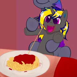 Size: 3000x3000 | Tagged: safe, artist:sodapop200, derpibooru import, oc, oc:grey, oc:rapid shadow, bat pony, pony, unicorn, eating, food, happy, image, pasta, png, spaghetti