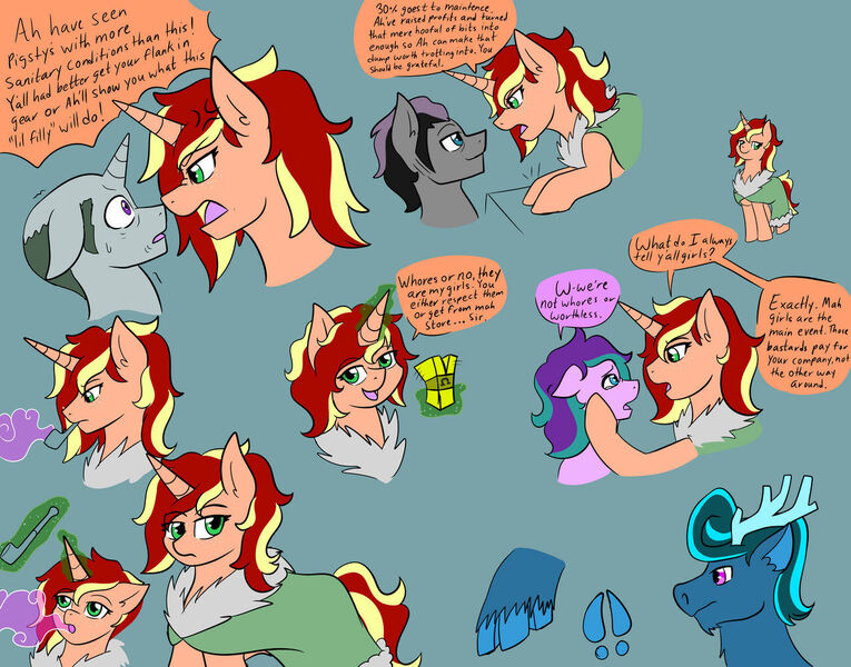 Size: 1280x1004 | Tagged: safe, artist:jolliapplegirl, derpibooru import, oc, oc:snake oil, oc:sweet deal, unnamed oc, deer, earth pony, pony, reindeer, unicorn, cloak, clothes, dialogue, female, image, jpeg, male, mare, next generation, offspring, parent:applejack, parent:flim, parents:flimjack, smoking, stallion