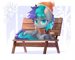 Size: 3750x3000 | Tagged: safe, artist:lostdreamm, derpibooru import, oc, oc:wubzy, pegasus, pony, beanie, bench, chocolate, clothes, commission, food, hat, hot chocolate, image, jpeg, scarf, solo, winter