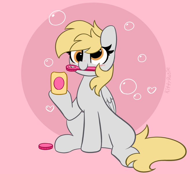 Size: 4568x4170 | Tagged: safe, artist:kittyrosie, derpibooru import, derpy hooves, pegasus, pony, absurd resolution, blushing, bubble, female, image, mare, mouth hold, png, sitting, smiling, solo