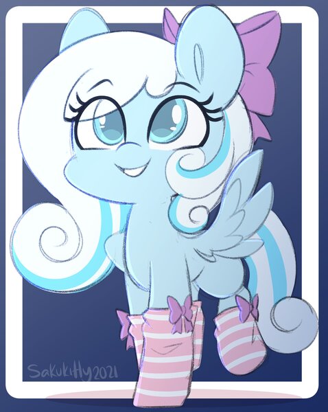 Size: 2392x3000 | Tagged: safe, artist:sakukitty, derpibooru import, oc, oc:snowdrop, unofficial characters only, pegasus, pony, bow, clothes, eye clipping through hair, eyebrows, eyebrows visible through hair, female, filly, grin, high res, image, jpeg, pegasus oc, smiling, socks, solo, wings