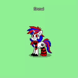 Size: 400x400 | Tagged: safe, artist:snowi, derpibooru import, oc, oc:snowi, pony, unicorn, pony town, biohazard, black and red, black and red scarf, black and red socks, blue hair, clothes, female, horn, image, mare, pixel art, png, red and blue, red and blue hair, red eyes, red hair, scarf, socks, white hair, white pony