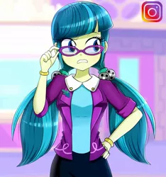 Size: 1080x1152 | Tagged: safe, artist:the-butch-x, derpibooru import, juniper montage, equestria girls, mirror magic, spoiler:eqg specials, breasts, busty juniper montage, female, glasses, hand on hip, image, instagram, jpeg, solo, teeth