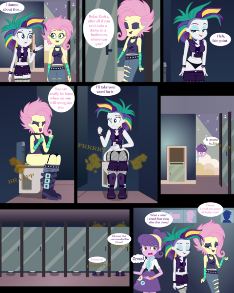 Size: 3000x3750 | Tagged: suggestive, artist:lightning_musicwave, derpibooru import, fluttershy, rarity, suri polomare, equestria girls, alternate hairstyle, bathroom, but why, clothes, comic, commission, disgusted, fart, female, females only, flutterpunk, image, implied scat, makeup, onomatopoeia, panties, panties pulled down, png, punk, raripunk, sitting on toilet, speech bubble, text, toilet, underwear