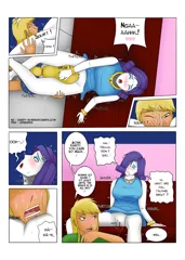 Size: 2480x3484 | Tagged: explicit, artist:edhendra, derpibooru import, applejack, rarity, equestria girls, blushing, breast grab, breasts, clothes, comic, cunnilingus, erect nipples, eyes closed, female, french kiss, grope, hair over one eye, image, jpeg, kissing, lesbian, licking, nipple outline, nipples, nudity, open mouth, oral, panties, purple underwear, rarijack, sex, shipping, speech bubble, tongue out, underwear, vulva