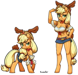 Size: 3537x3406 | Tagged: safe, alternate version, artist:moonseeker, derpibooru import, applejack, anthro, pony, unguligrade anthro, anthro ponidox, applejacked, belly button, big breasts, breasts, busty applejack, cleavage, clothes, denim skirt, flexing, hand on hip, hat, image, muscles, png, self ponidox, shirt, simple background, skirt, top, transparent background