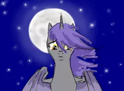 Size: 1043x766 | Tagged: safe, artist:joan-grace, derpibooru import, oc, unofficial characters only, alicorn, bat pony, bat pony alicorn, pony, bat pony oc, bat wings, female, frown, full moon, horn, image, jpeg, mare, moon, night, solo, stars, wings