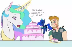 Size: 2048x1346 | Tagged: safe, artist:eperyton, derpibooru import, princess celestia, princess luna, alicorn, human, pony, armor, cake, face paint, facial markings, female, food, glowing horn, horn, image, jpeg, magic, male, mare, marvel, marvel cinematic universe, portuguese, raised hoof, royal sisters, siblings, sisters, talking, telekinesis, thor, thor: ragnarok, translation request, wings