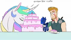 Size: 2048x1145 | Tagged: safe, artist:eperyton, derpibooru import, princess celestia, princess luna, alicorn, human, pony, armor, cake, eating, face paint, facial markings, female, food, horn, image, jpeg, magic, male, mare, marvel, marvel cinematic universe, portuguese, raised hoof, royal sisters, siblings, sisters, talking, thor, thor: ragnarok, translation request, wings