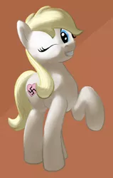 Size: 642x1011 | Tagged: safe, artist:anonymous, oc, oc:aryanne, unofficial characters only, earth pony, pony, art pack:marenheit 451, /mlp/, earth pony oc, female, image, mare, nazi, nazipone, one eye closed, png, raised hoof, simple background, smiling, solo, swastika, wink