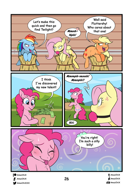 Size: 1731x2418 | Tagged: questionable, artist:amaichix, derpibooru import, applejack, fluttershy, pinkie pie, rainbow dash, earth pony, pegasus, pony, comic:lust in a glass, ahegao, ballgag, blushing, comic, cross-popping veins, dialogue, eyes closed, female, full body glory hole, gag, glory hole, image, mare, money, muffled words, open mouth, png, sweat, sweatdrop, through wall, tongue out, wings