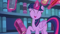 Size: 1280x720 | Tagged: safe, derpibooru import, screencap, twilight sparkle, twilight sparkle (alicorn), alicorn, pony, season 6, the fault in our cutie marks, ^^, book, cute, dhx is trying to murder us, eyes closed, female, image, magic, magic aura, mare, open mouth, png, smiling, solo, telekinesis, that pony sure does love books, twiabetes, twilight's castle, weapons-grade cute