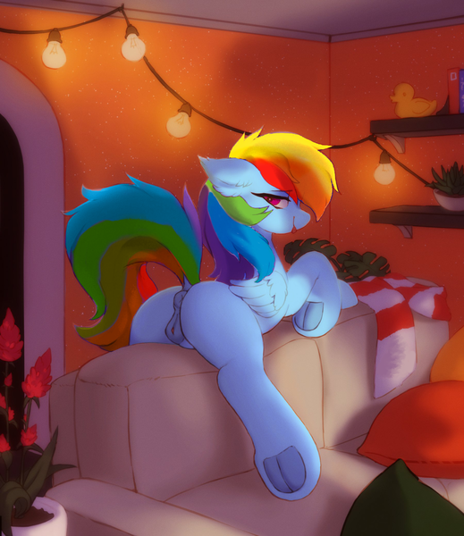 Size: 1800x2080 | Tagged: explicit, artist:orchidpony, edit, rainbow dash, bird, duck, pegasus, pony, anatomically correct, anus, bedroom eyes, clothes, couch, dock, female, flower, frog (hoof), image, looking at you, looking back, looking back at you, missing cutie mark, nudity, pillow, png, ponut, presenting anus, presenting pussy, raised tail, rear view, recolor, rubber duck, scarf, smiling, solo, solo female, tail, underhoof, vagina, vulva, wings