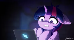 Size: 2750x1500 | Tagged: safe, artist:symbianl, derpibooru import, twilight sparkle, twilight sparkle (alicorn), alicorn, pony, cheek fluff, computer, crying, ear fluff, floppy ears, image, laptop computer, leg fluff, png, scared, solo, tears of fear, teary eyes, wing fluff