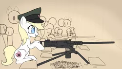 Size: 3998x2270 | Tagged: safe, artist:czu, oc, oc:aryanne, unofficial characters only, earth pony, pony, art pack:marenheit 451, /mlp/, bullet casing, earth pony oc, eye clipping through hair, female, gun, hat, hoof hold, image, m2 browning, machine gun, mare, nazi, nazipone, png, sitting, swastika, weapon