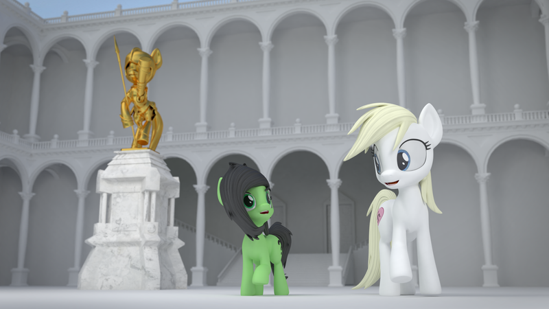 Size: 1920x1080 | Tagged: artist needed, safe, alternate version, oc, oc:anonfilly, oc:aryanne, unofficial characters only, earth pony, pony, art pack:marenheit 451, /mlp/, 3d, duo, earth pony oc, female, filly, image, looking at each other, mare, nazi, nazipone, open mouth, png, raised hoof, statue, swastika
