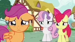 Size: 1280x720 | Tagged: safe, derpibooru import, screencap, apple bloom, scootaloo, sweetie belle, earth pony, pegasus, pony, unicorn, season 6, the fault in our cutie marks, apple bloom's bow, bow, crying, cute, cutie mark crusaders, female, filly, floppy ears, hair bow, image, png, sad, sadorable, trio, trio female