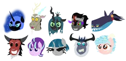 Size: 2836x1371 | Tagged: safe, artist:mkogwheel, ahuizotl, cozy glow, discord, king sombra, lord tirek, nightmare moon, queen chrysalis, starlight glimmer, storm king, stygian, ahuizotl (species), alicorn, centaur, changeling, changeling queen, pegasus, pony, unicorn, yeti, art pack:marenheit 451, my little pony: the movie, /mlp/, antagonist, female, horn, image, male, mare, png, simple background, stallion, transparent background