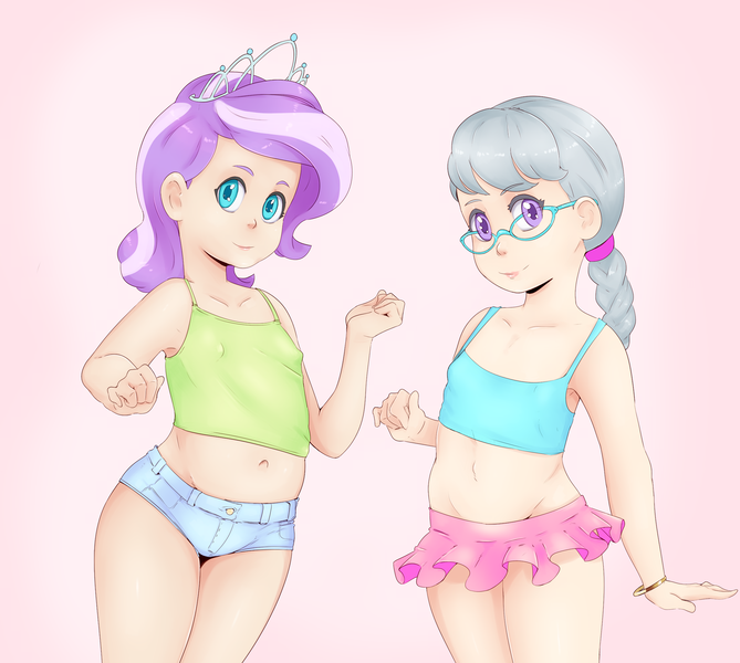 Size: 3153x2829 | Tagged: suggestive, alternate version, artist:sundown, banned from derpibooru, ponybooru import, diamond tiara, silver spoon, human, belly button, bracelet, breasts, child, clothes, delicious flat chest, erect nipples, female, glasses, humanized, image, jewelry, lolicon, looking at you, nipple outline, png, shorts, small breasts, smiling, smiling at you, tanktop, tiara, tutu, underage, young