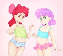 Size: 3153x2829 | Tagged: suggestive, alternate version, artist:sundown, banned from derpibooru, ponybooru import, apple bloom, sweetie belle, human, belly button, bow, bracelet, breasts, child, clothes, delicious flat chest, erect nipples, female, horn, horned humanization, humanized, image, jewelry, lolicon, looking at you, nipple outline, png, shorts, small breasts, smiling, smiling at you, tanktop, tutu, underage, young