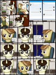 Size: 1750x2333 | Tagged: safe, artist:99999999000, derpibooru import, oc, oc:cwe, oc:zhang cathy, unofficial characters only, earth pony, insect, pony, comic:visit, chair, chat, clothes, comic, computer, female, glasses, image, keyboard, male, png