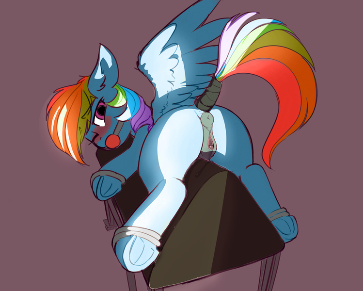 Size: 2935x2352 | Tagged: explicit, artist:yoditax, edit, rainbow dash, pegasus, pony, anatomically correct, anus, ballgag, bedroom eyes, blushing, bondage, bondage furniture, clitoris, dashsub, female, femsub, floppy ears, frog (hoof), gag, happy bondage, image, looking back, mare, nudity, one eye closed, png, ponut, presenting, recolor, solo, solo female, submissive, tail wrap, tied up, underhoof, vaginal secretions, vulva, vulvar winking, wink, wooden horse