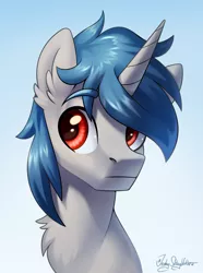 Size: 2000x2692 | Tagged: safe, artist:jedayskayvoker, derpibooru import, oc, oc:ponywka, pony, unicorn, bust, eyebrows, eyebrows visible through hair, fluffy, gradient background, icon, image, looking sideways, male, png, portrait, solo, stallion