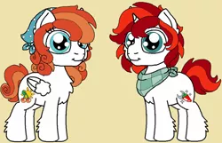 Size: 1024x661 | Tagged: safe, artist:rosefang16, derpibooru import, oc, oc:cherry dawn, oc:chili dusck, unofficial characters only, pegasus, pony, unicorn, adopted offspring, brother and sister, colt, duo, female, filly, image, jpeg, male, offspring, parent:big macintosh, parent:marble pie, parents:marblemac, siblings, simple background, yellow background
