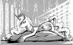 Size: 1380x856 | Tagged: safe, artist:jowybean, derpibooru import, oc, alicorn, pony, fanfic:the immortal game, alicorn oc, commission, cushion, duo, fanfic art, grayscale, horn, image, lying down, male, monochrome, png, prone, solo, throne room, wings