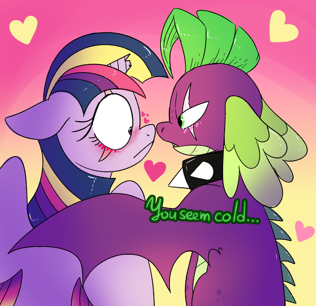 Size: 1667x1615 | Tagged: safe, artist:northernlightsone, derpibooru import, spike, twilight sparkle, twilight sparkle (alicorn), alicorn, dragon, pony, alternate hairstyle, alternate universe, blushing, boop, broken horn, collar, eye scar, female, heart, horn, hug, image, looking at each other, male, mare, noseboop, png, scar, shipping, spiked collar, straight, twispike, winged spike, winghug, wings